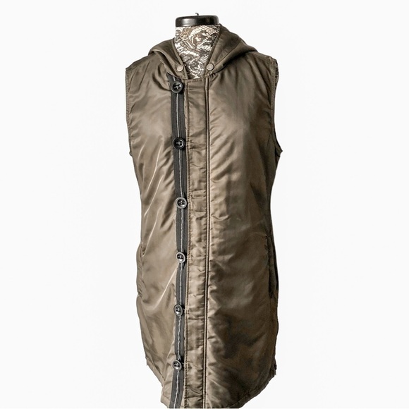 Anoarak Long Line Hooded Vest Removable Fur Trim Olive Green Large - Picture 3 of 14